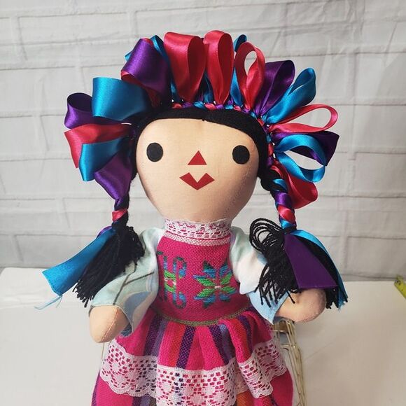 Traditional Handmade Mexican Otomi Lele Pink Rag Cloth Doll 14" Ribbon Soft Toy - Picture 2 of 11